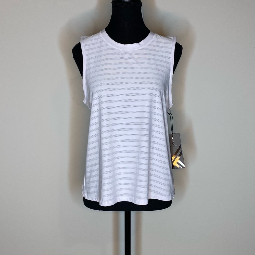 KYODAN New White Striped Sleeveless Tank Top Activewear Yoga Heart Hem Sz Medium - Picture 6 of 12